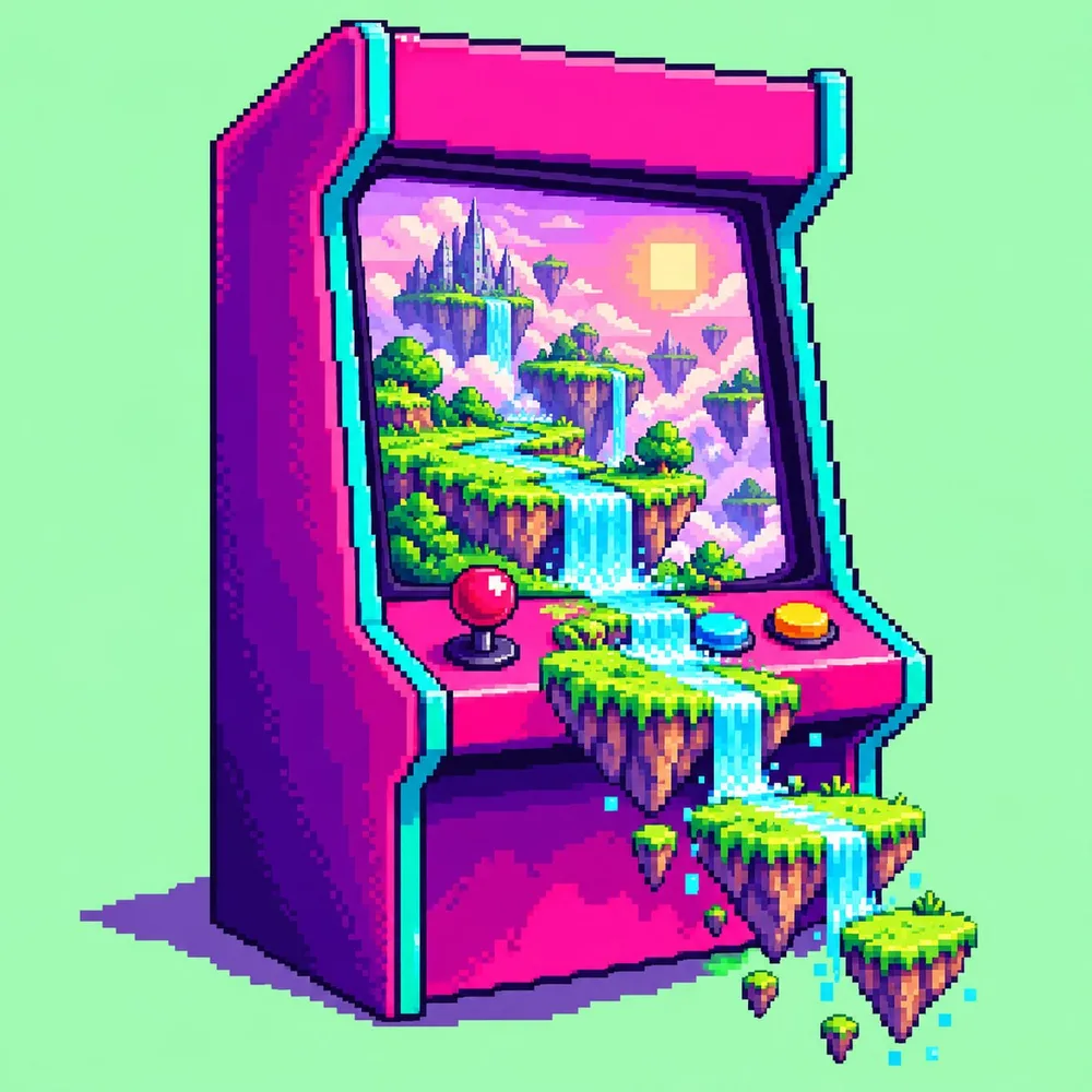 Cab, the pink arcade cabinet, with floating islands and a waterfall pouring out of its screen