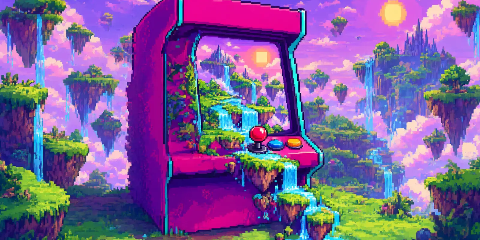 Cab standing in the middle of the floating-island world that poured out of it, waterfalls everywhere, a castle and a pixel sun behind